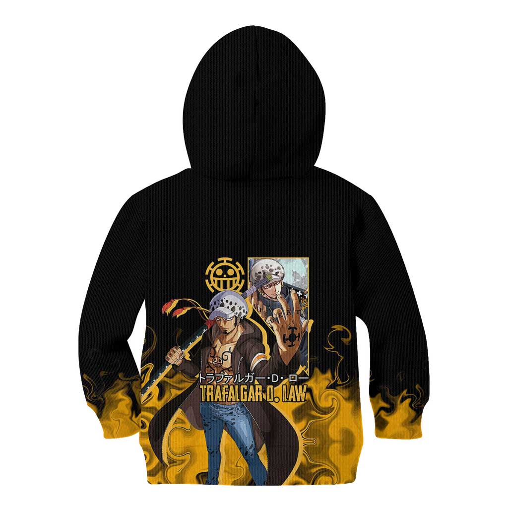 Trafalgar D. Law One Piece Black and Yellow Theme Kid Hoodie with Heart Pirates Symbol and Flame Pattern Design - The Mazicc