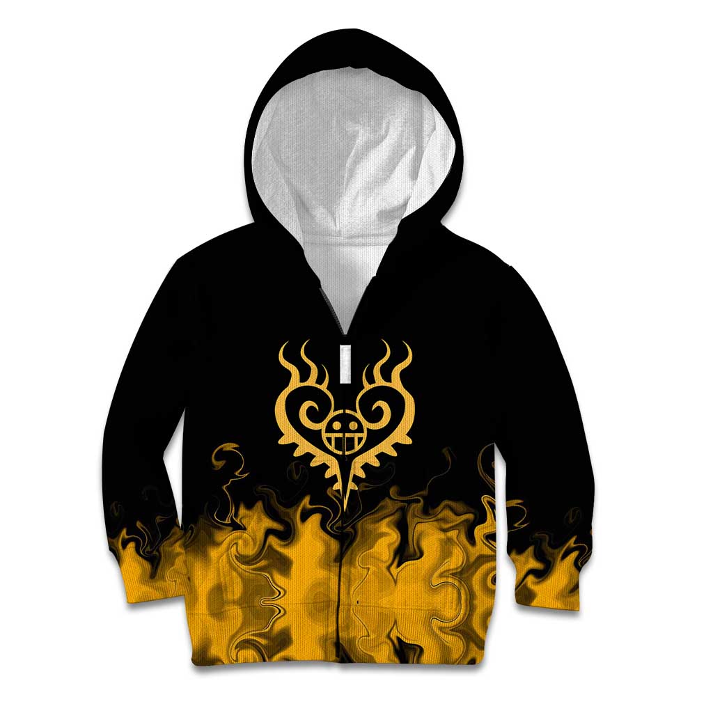Trafalgar D. Law One Piece Black and Yellow Theme Kid Hoodie with Heart Pirates Symbol and Flame Pattern Design - The Mazicc