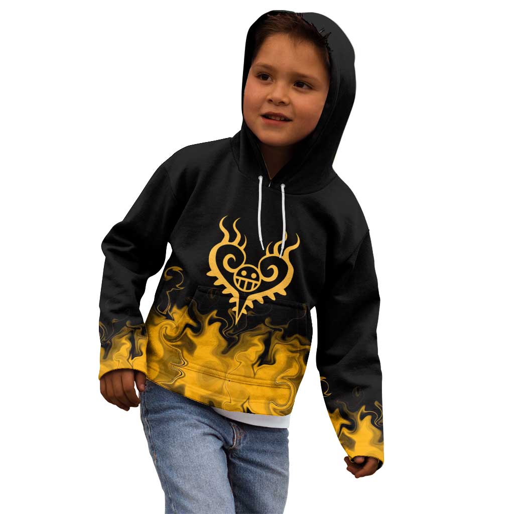 Trafalgar D. Law One Piece Black and Yellow Theme Kid Hoodie with Heart Pirates Symbol and Flame Pattern Design - The Mazicc