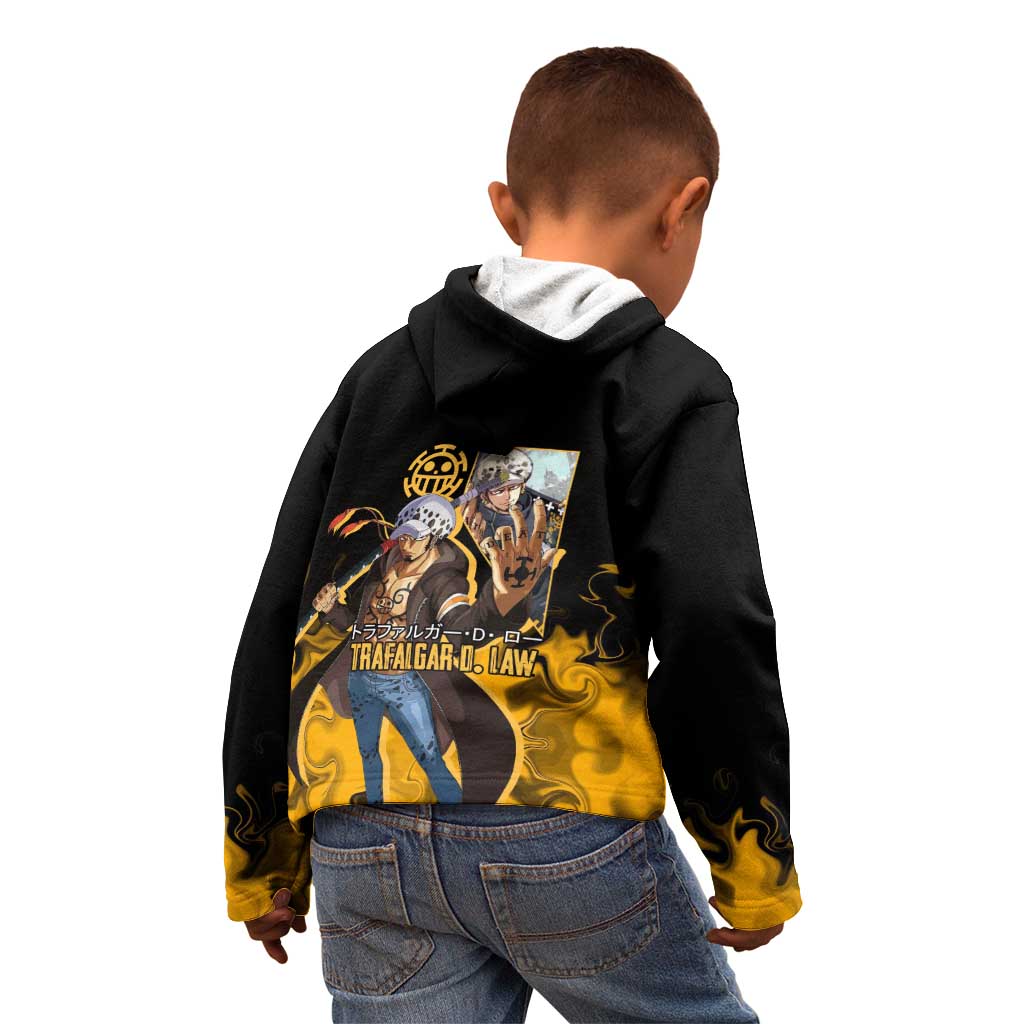 Trafalgar D. Law One Piece Black and Yellow Theme Kid Hoodie with Heart Pirates Symbol and Flame Pattern Design - The Mazicc