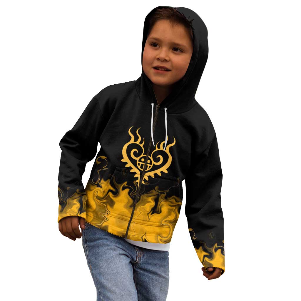 Trafalgar D. Law One Piece Black and Yellow Theme Kid Hoodie with Heart Pirates Symbol and Flame Pattern Design - The Mazicc