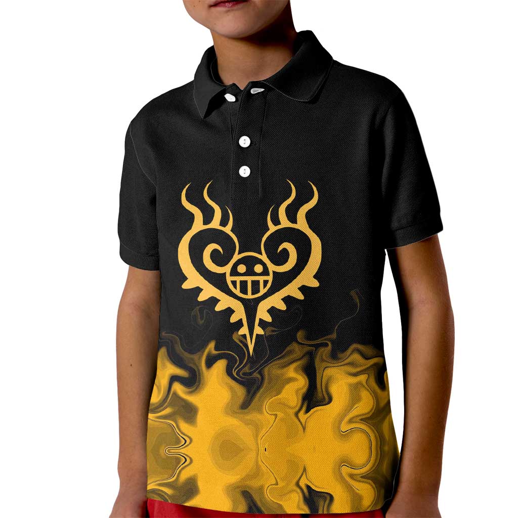 Trafalgar D. Law One Piece Black and Yellow Theme Kid Polo Shirt with Heart Pirates Symbol and Flame Pattern Design - The Mazicc