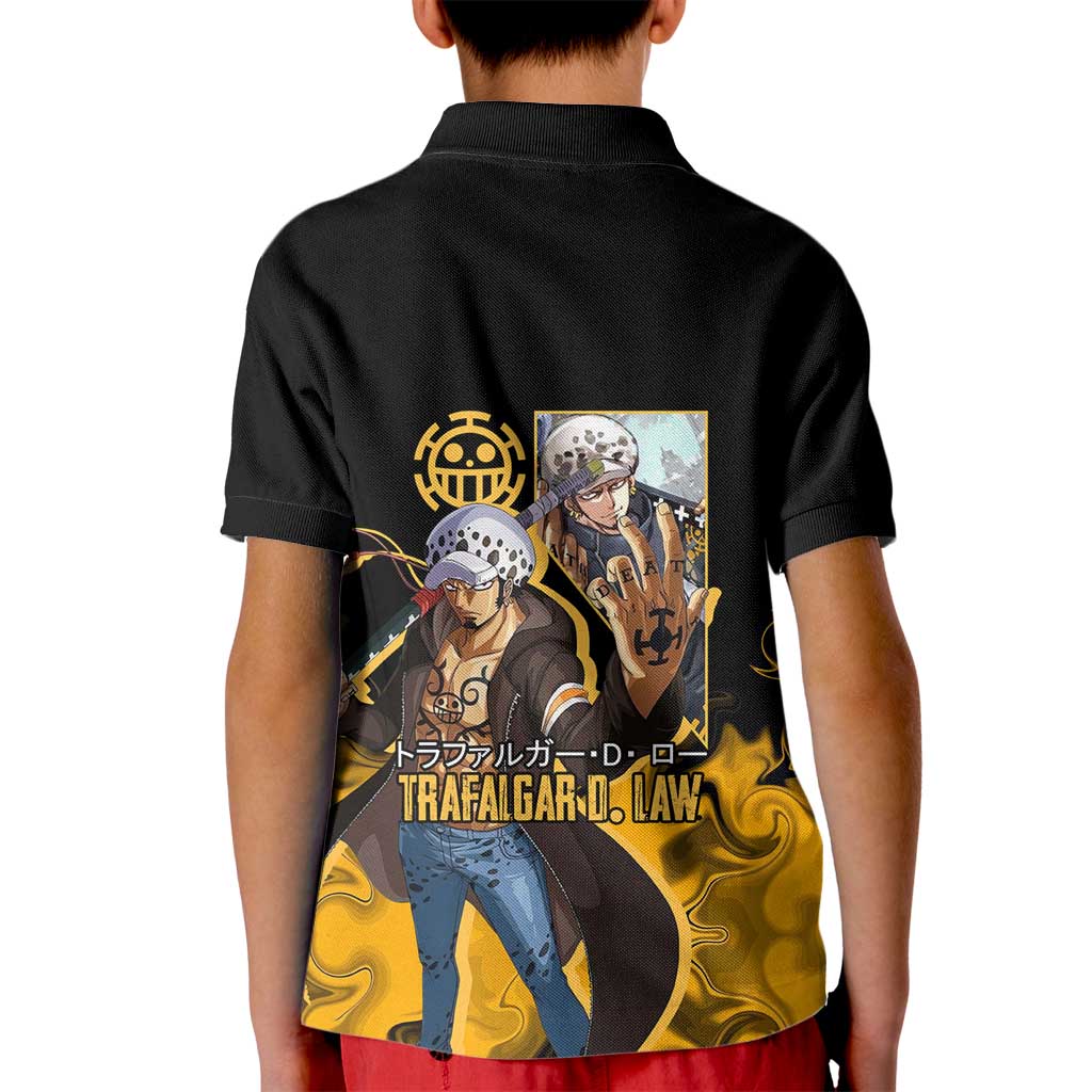 Trafalgar D. Law One Piece Black and Yellow Theme Kid Polo Shirt with Heart Pirates Symbol and Flame Pattern Design - The Mazicc