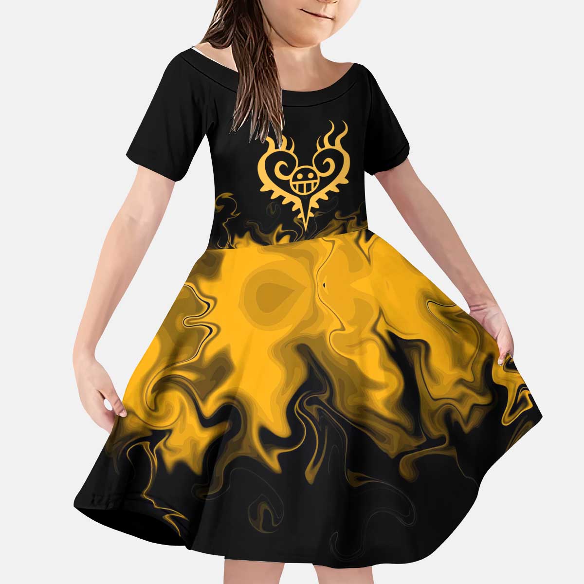 Trafalgar D. Law One Piece Black and Yellow Theme Kid Short Sleeve Dress with Heart Pirates Symbol and Flame Pattern Design - The Mazicc