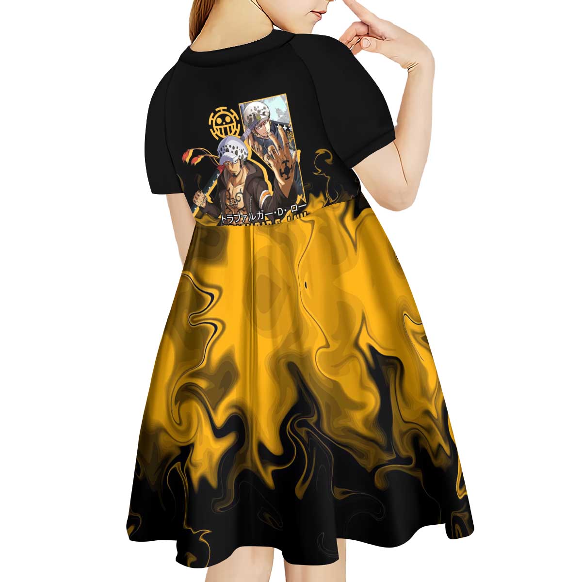 Trafalgar D. Law One Piece Black and Yellow Theme Kid Short Sleeve Dress with Heart Pirates Symbol and Flame Pattern Design - The Mazicc