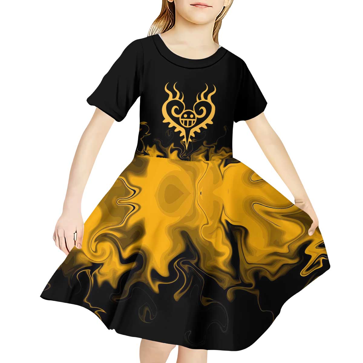 Trafalgar D. Law One Piece Black and Yellow Theme Kid Short Sleeve Dress with Heart Pirates Symbol and Flame Pattern Design - The Mazicc