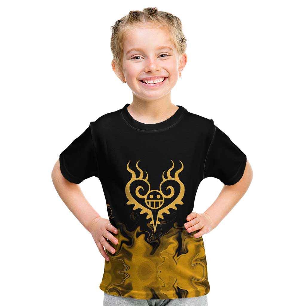 Trafalgar D. Law One Piece Black and Yellow Theme Kid T Shirt with Heart Pirates Symbol and Flame Pattern Design - The Mazicc