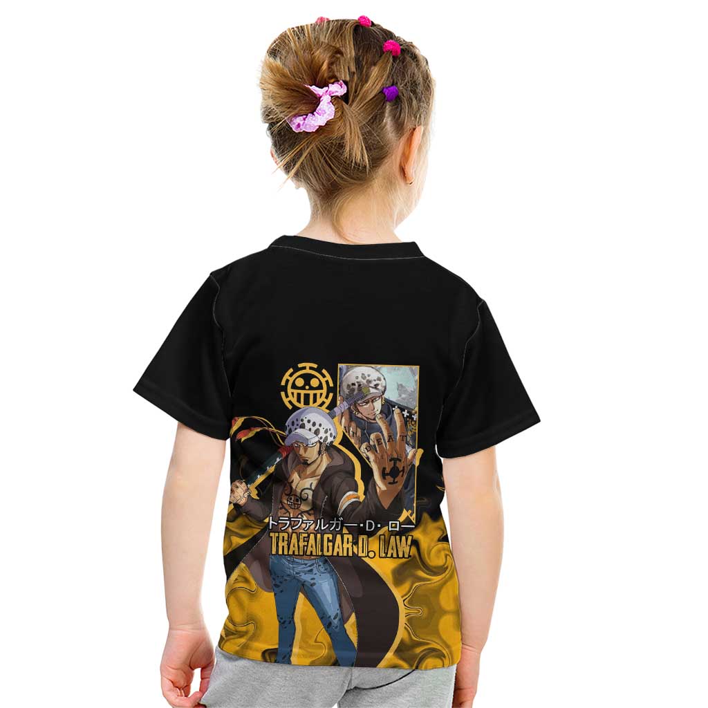 Trafalgar D. Law One Piece Black and Yellow Theme Kid T Shirt with Heart Pirates Symbol and Flame Pattern Design - The Mazicc