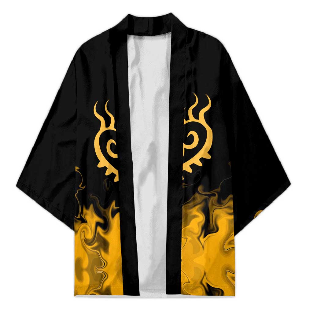 Trafalgar D. Law One Piece Black and Yellow Theme Kimono with Heart Pirates Symbol and Flame Pattern Design - The Mazicc