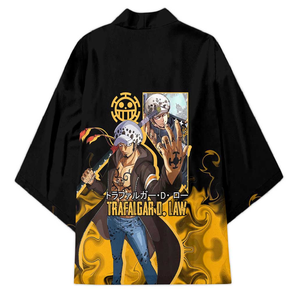 Trafalgar D. Law One Piece Black and Yellow Theme Kimono with Heart Pirates Symbol and Flame Pattern Design - The Mazicc