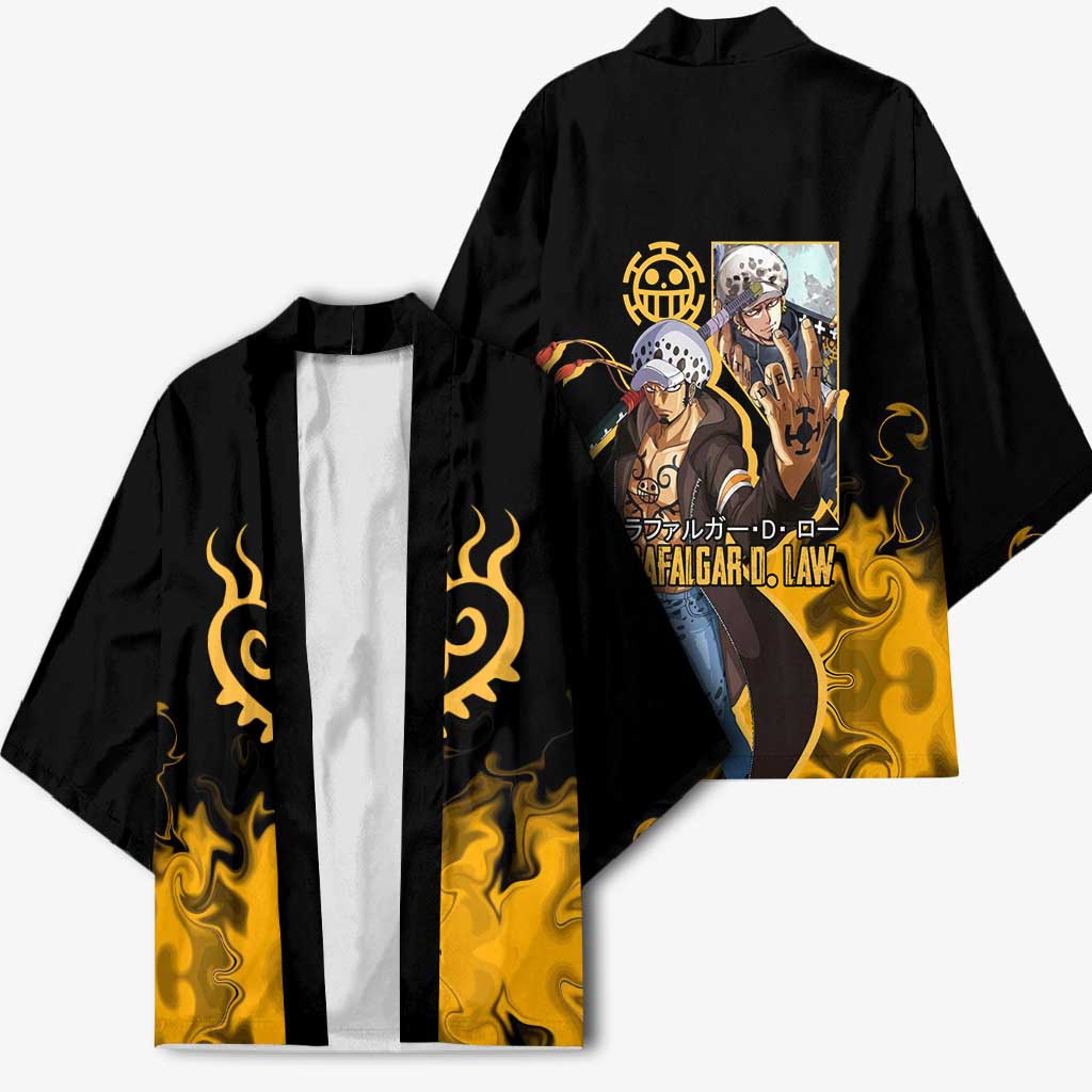 Trafalgar D. Law One Piece Black and Yellow Theme Kimono with Heart Pirates Symbol and Flame Pattern Design - The Mazicc
