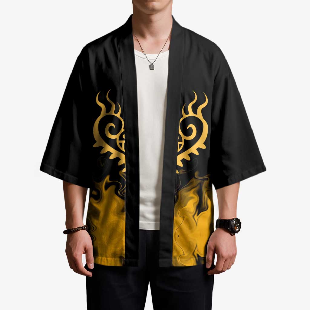 Trafalgar D. Law One Piece Black and Yellow Theme Kimono with Heart Pirates Symbol and Flame Pattern Design - The Mazicc