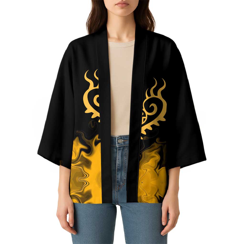 Trafalgar D. Law One Piece Black and Yellow Theme Kimono with Heart Pirates Symbol and Flame Pattern Design - The Mazicc