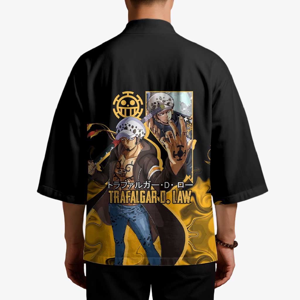 Trafalgar D. Law One Piece Black and Yellow Theme Kimono with Heart Pirates Symbol and Flame Pattern Design - The Mazicc