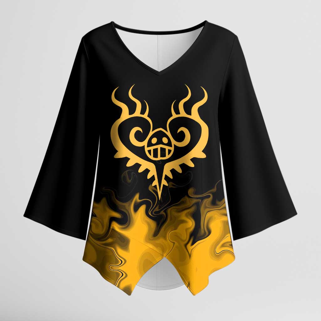 Trafalgar D. Law One Piece Black and Yellow Theme Kimono Sleeve Blouse with Heart Pirates Symbol and Flame Pattern Design - The Mazicc