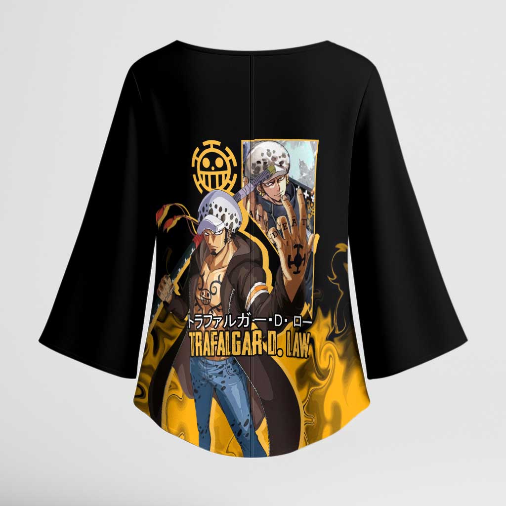 Trafalgar D. Law One Piece Black and Yellow Theme Kimono Sleeve Blouse with Heart Pirates Symbol and Flame Pattern Design - The Mazicc