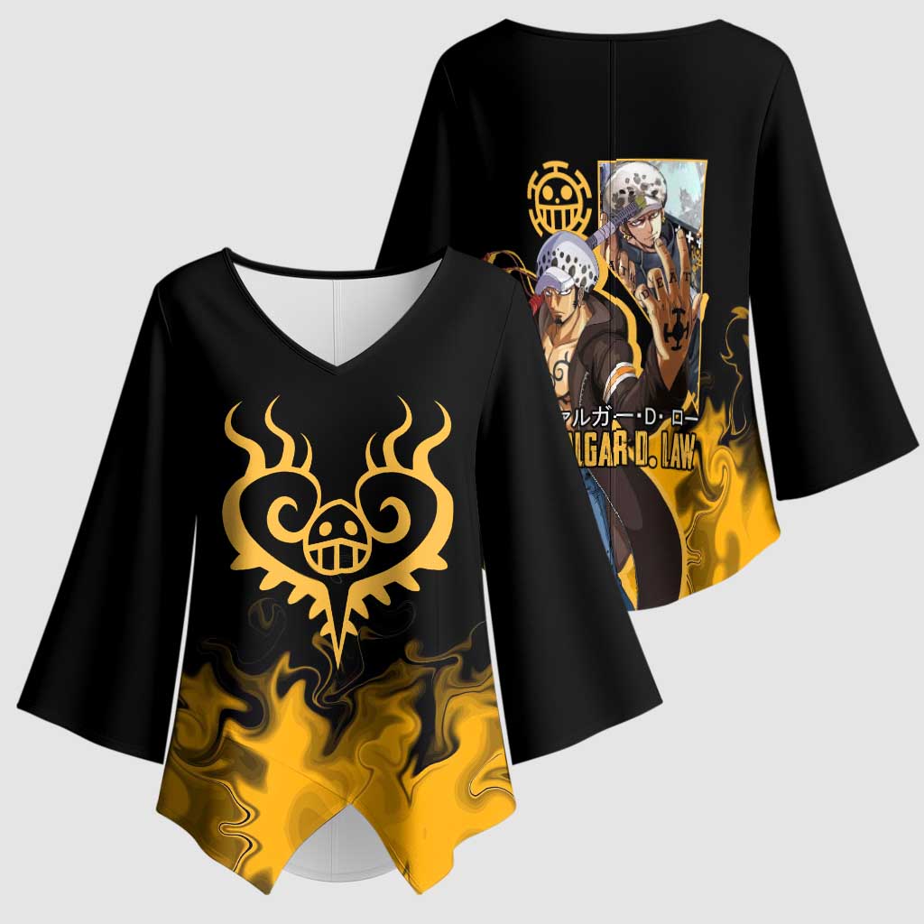 Trafalgar D. Law One Piece Black and Yellow Theme Kimono Sleeve Blouse with Heart Pirates Symbol and Flame Pattern Design - The Mazicc
