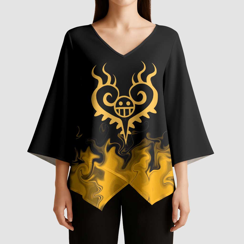 Trafalgar D. Law One Piece Black and Yellow Theme Kimono Sleeve Blouse with Heart Pirates Symbol and Flame Pattern Design - The Mazicc