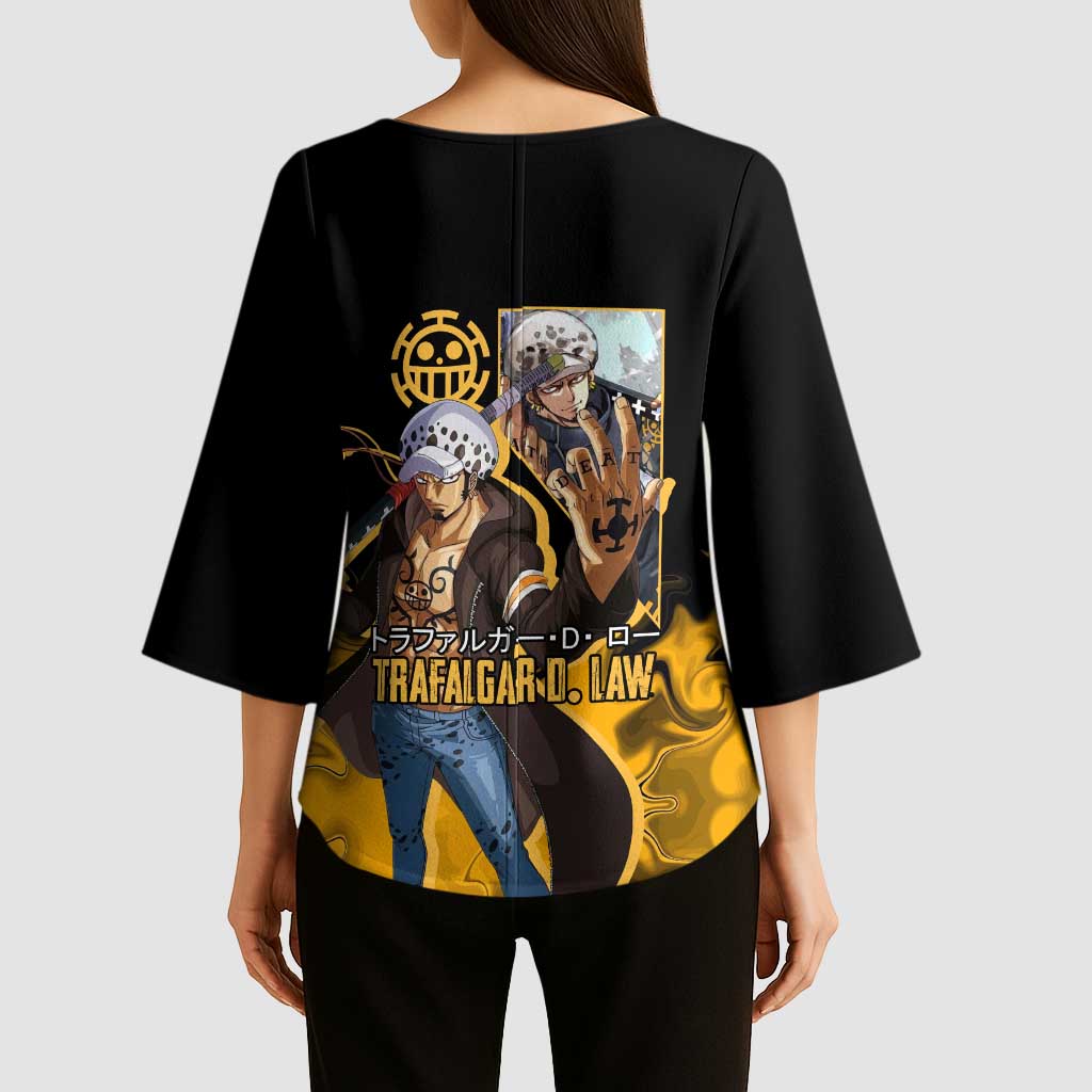 Trafalgar D. Law One Piece Black and Yellow Theme Kimono Sleeve Blouse with Heart Pirates Symbol and Flame Pattern Design - The Mazicc