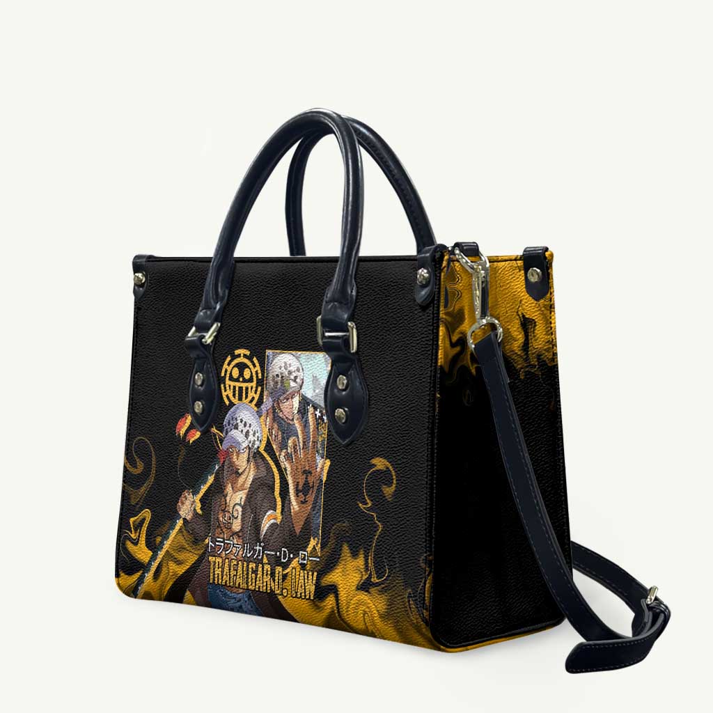 Trafalgar D. Law One Piece Black and Yellow Theme Leather Bag with Heart Pirates Symbol and Flame Pattern Design - The Mazicc