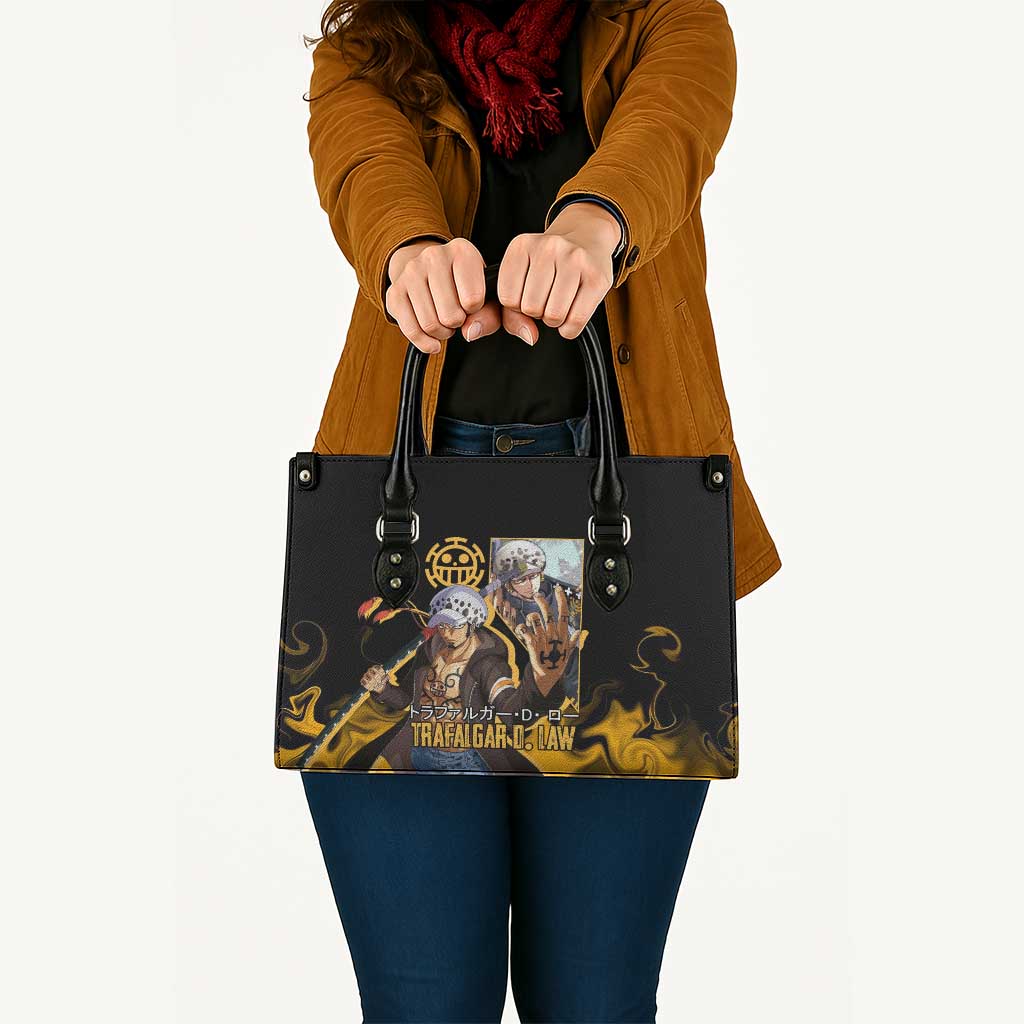 Trafalgar D. Law One Piece Black and Yellow Theme Leather Bag with Heart Pirates Symbol and Flame Pattern Design - The Mazicc