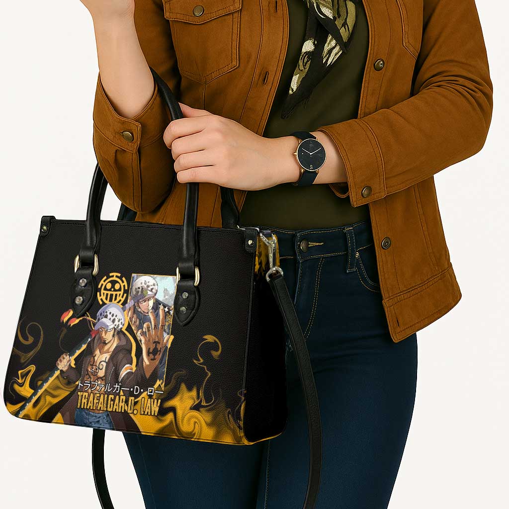 Trafalgar D. Law One Piece Black and Yellow Theme Leather Bag with Heart Pirates Symbol and Flame Pattern Design - The Mazicc