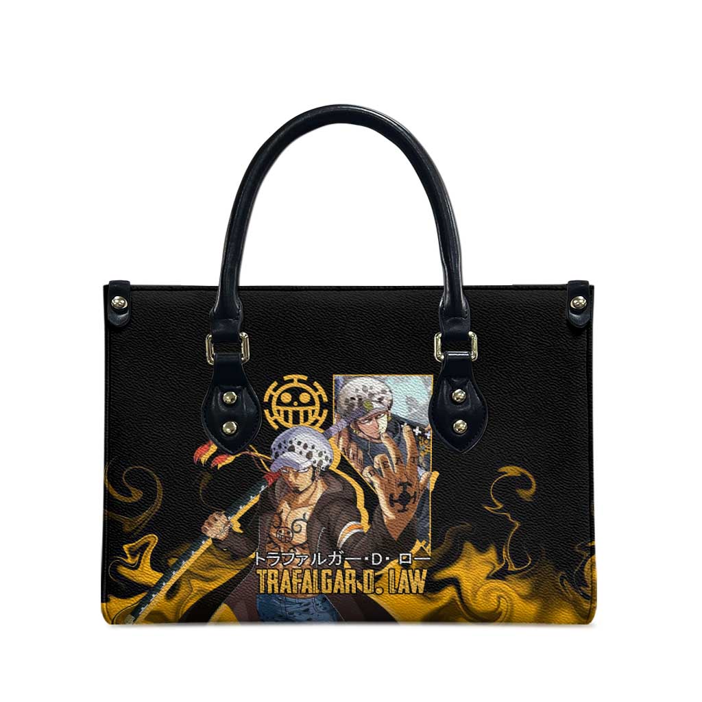Trafalgar D. Law One Piece Black and Yellow Theme Leather Bag with Heart Pirates Symbol and Flame Pattern Design - The Mazicc