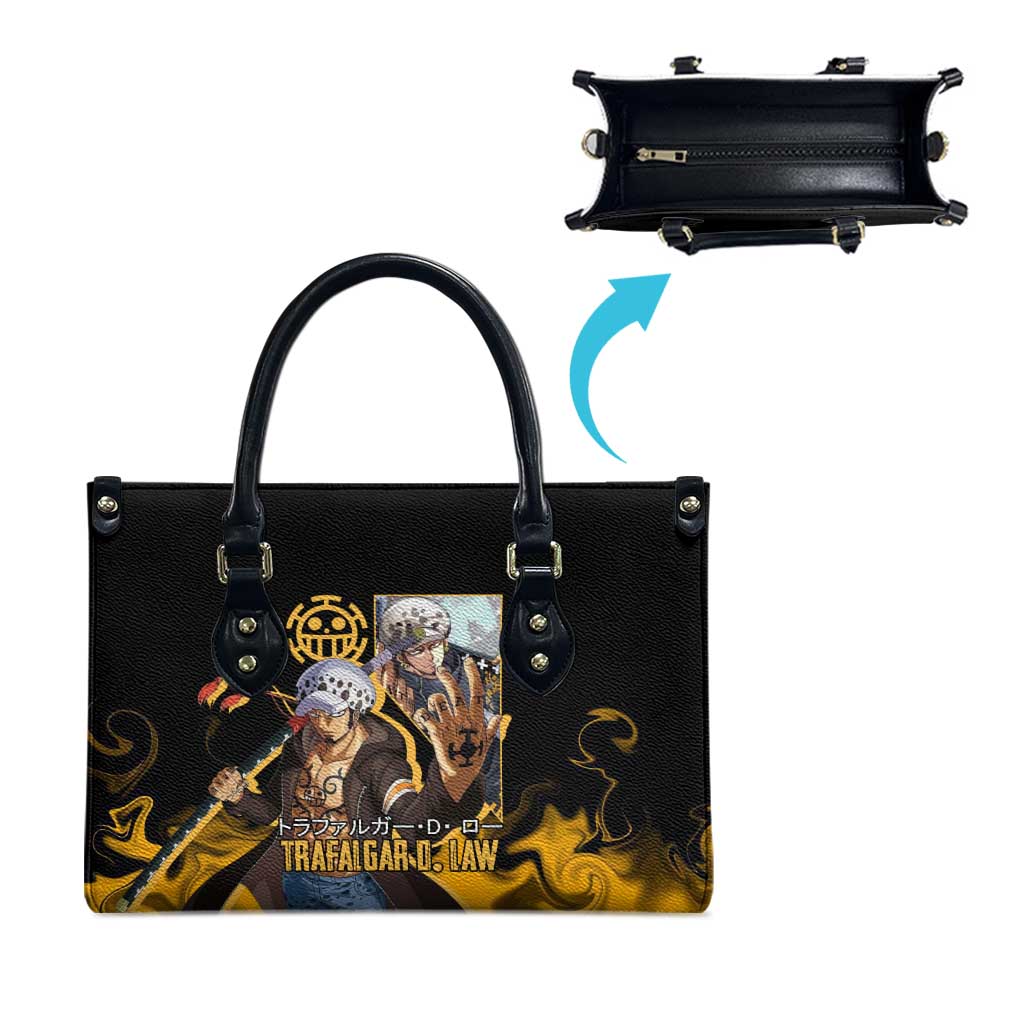 Trafalgar D. Law One Piece Black and Yellow Theme Leather Bag with Heart Pirates Symbol and Flame Pattern Design - The Mazicc