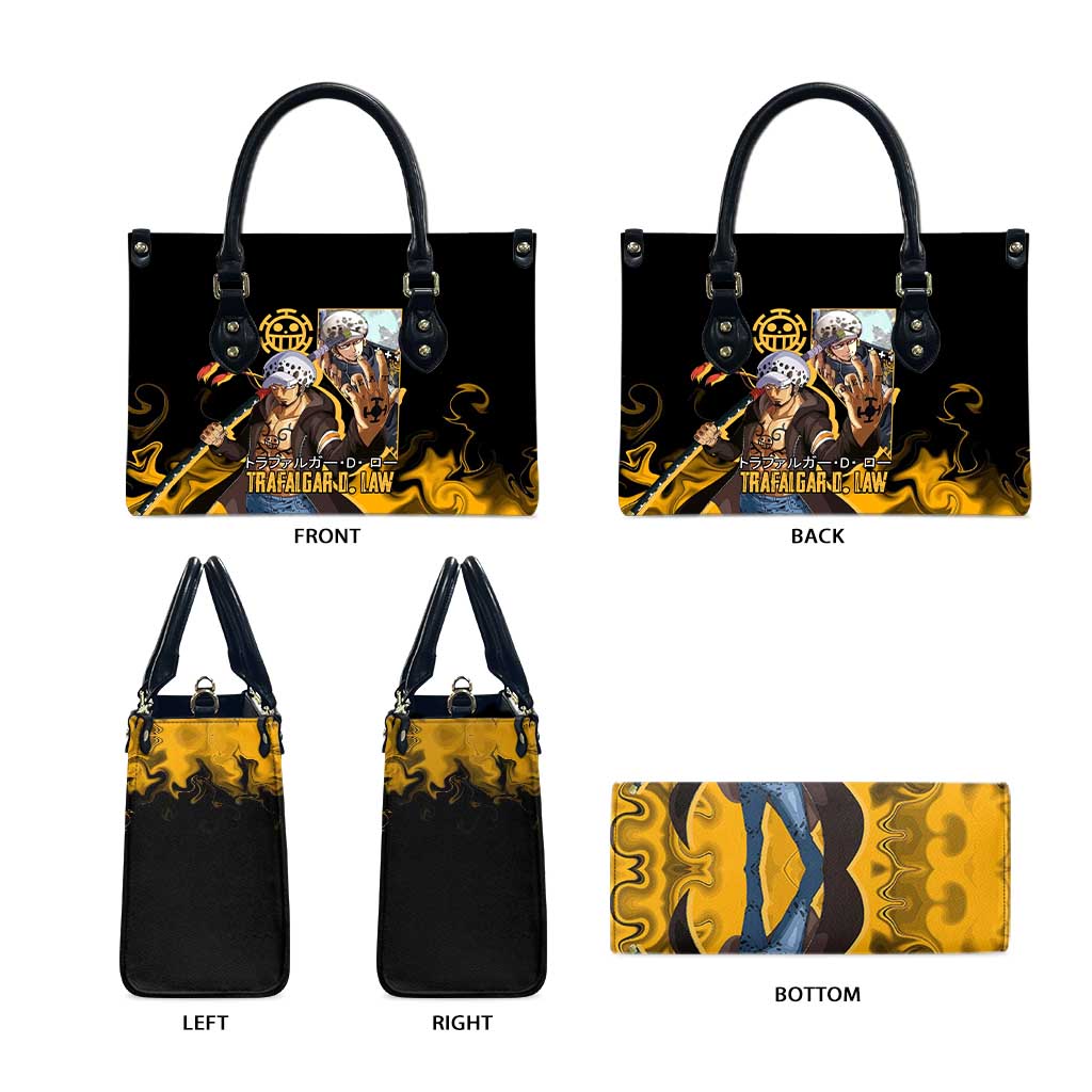 Trafalgar D. Law One Piece Black and Yellow Theme Leather Bag with Heart Pirates Symbol and Flame Pattern Design - The Mazicc