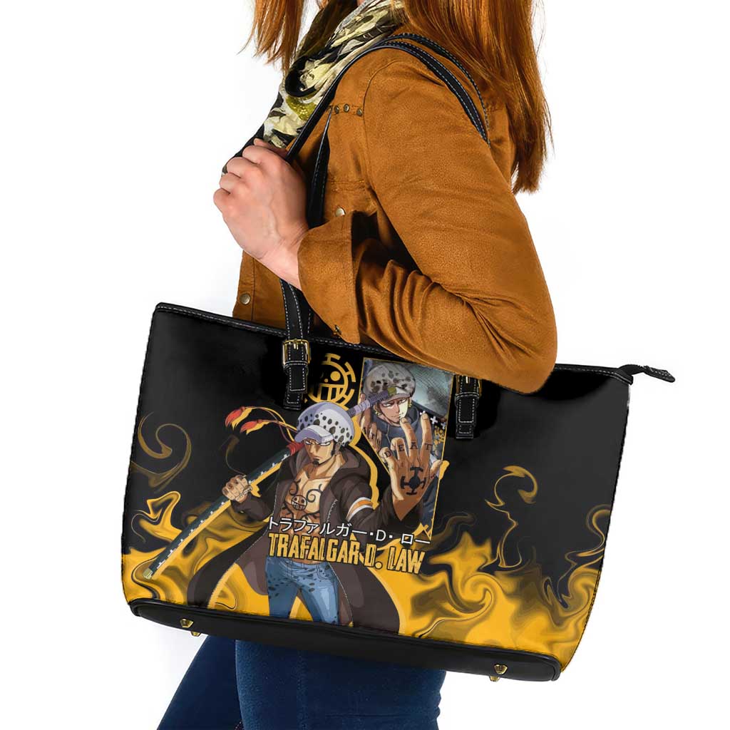 Trafalgar D. Law One Piece Black and Yellow Theme Leather Tote Bag with Heart Pirates Symbol and Flame Pattern Design - The Mazicc