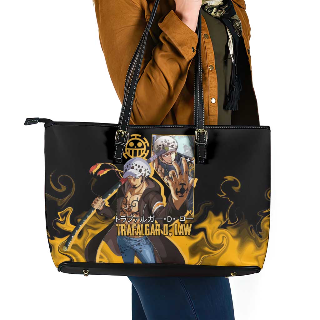 Trafalgar D. Law One Piece Black and Yellow Theme Leather Tote Bag with Heart Pirates Symbol and Flame Pattern Design - The Mazicc