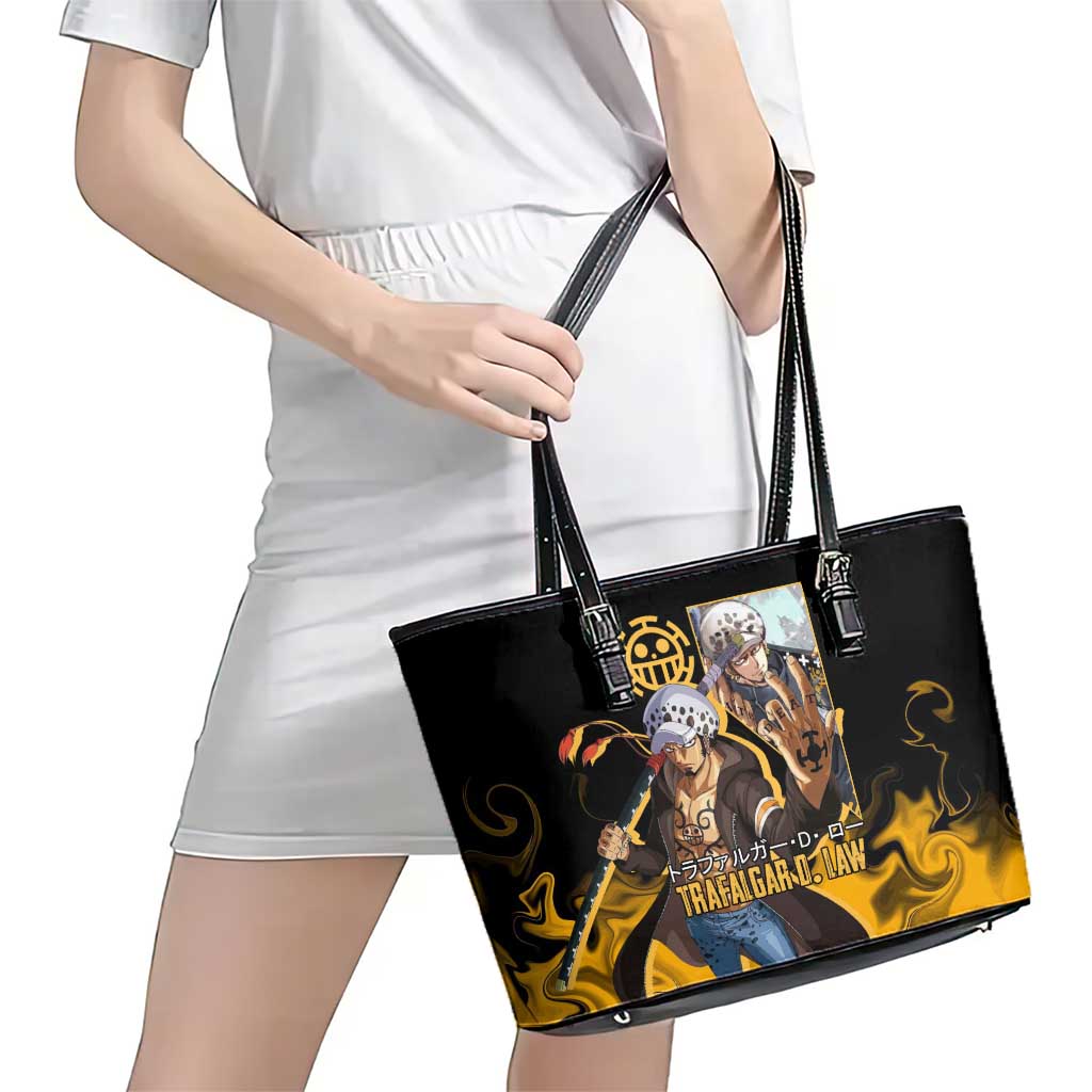 Trafalgar D. Law One Piece Black and Yellow Theme Leather Tote Bag with Heart Pirates Symbol and Flame Pattern Design - The Mazicc