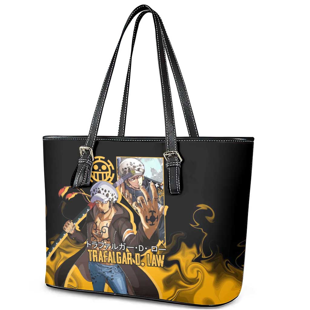 Trafalgar D. Law One Piece Black and Yellow Theme Leather Tote Bag with Heart Pirates Symbol and Flame Pattern Design - The Mazicc