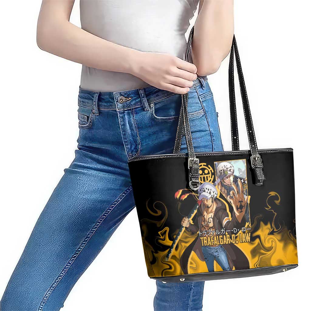 Trafalgar D. Law One Piece Black and Yellow Theme Leather Tote Bag with Heart Pirates Symbol and Flame Pattern Design - The Mazicc
