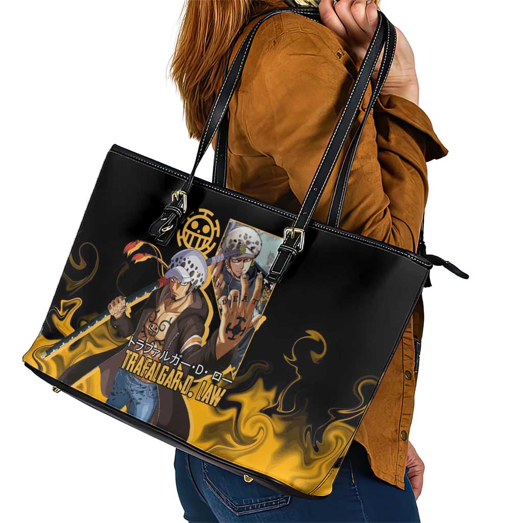 Trafalgar D. Law One Piece Black and Yellow Theme Leather Tote Bag with Heart Pirates Symbol and Flame Pattern Design - The Mazicc