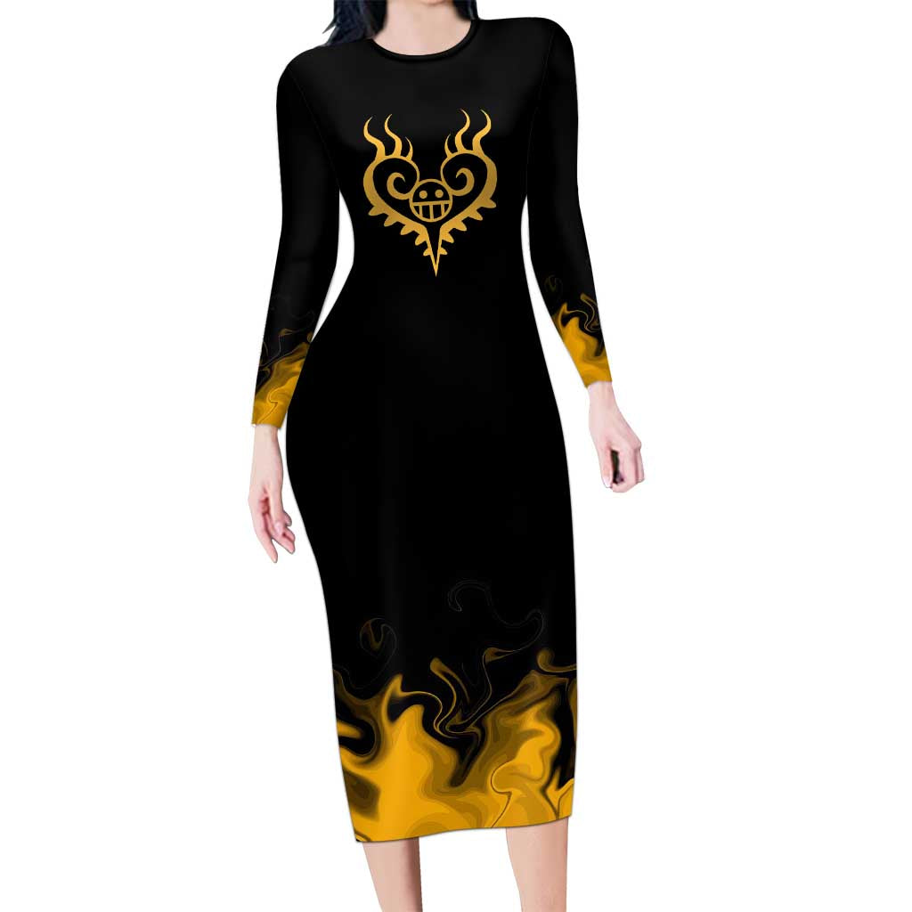 Trafalgar D. Law One Piece Black and Yellow Theme Long Sleeve Bodycon Dress with Heart Pirates Symbol and Flame Pattern Design - The Mazicc