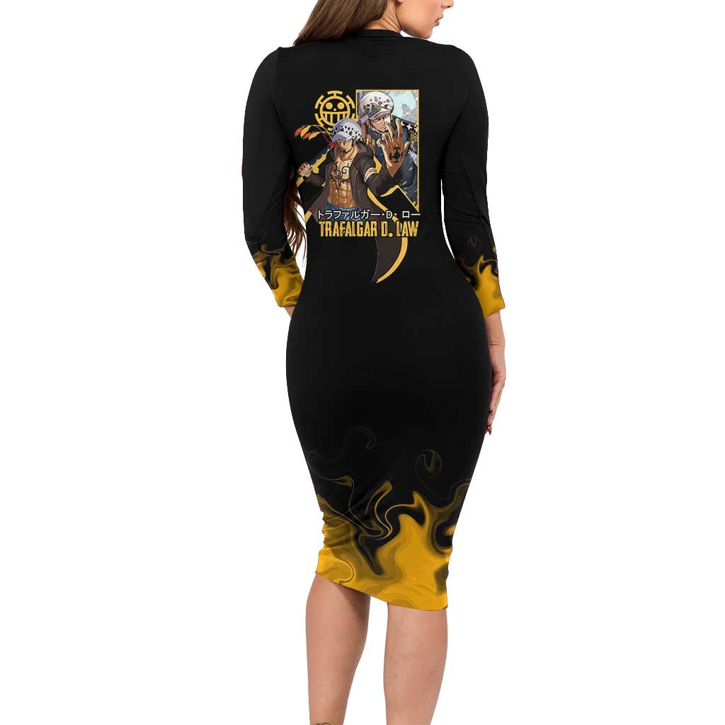 Trafalgar D. Law One Piece Black and Yellow Theme Long Sleeve Bodycon Dress with Heart Pirates Symbol and Flame Pattern Design - The Mazicc