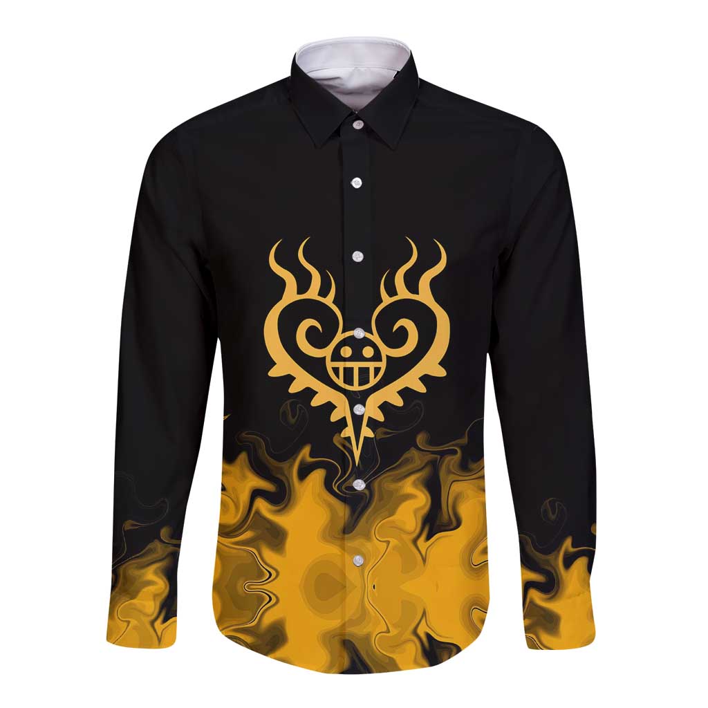 Trafalgar D. Law One Piece Black and Yellow Theme Long Sleeve Button Shirt with Heart Pirates Symbol and Flame Pattern Design - The Mazicc