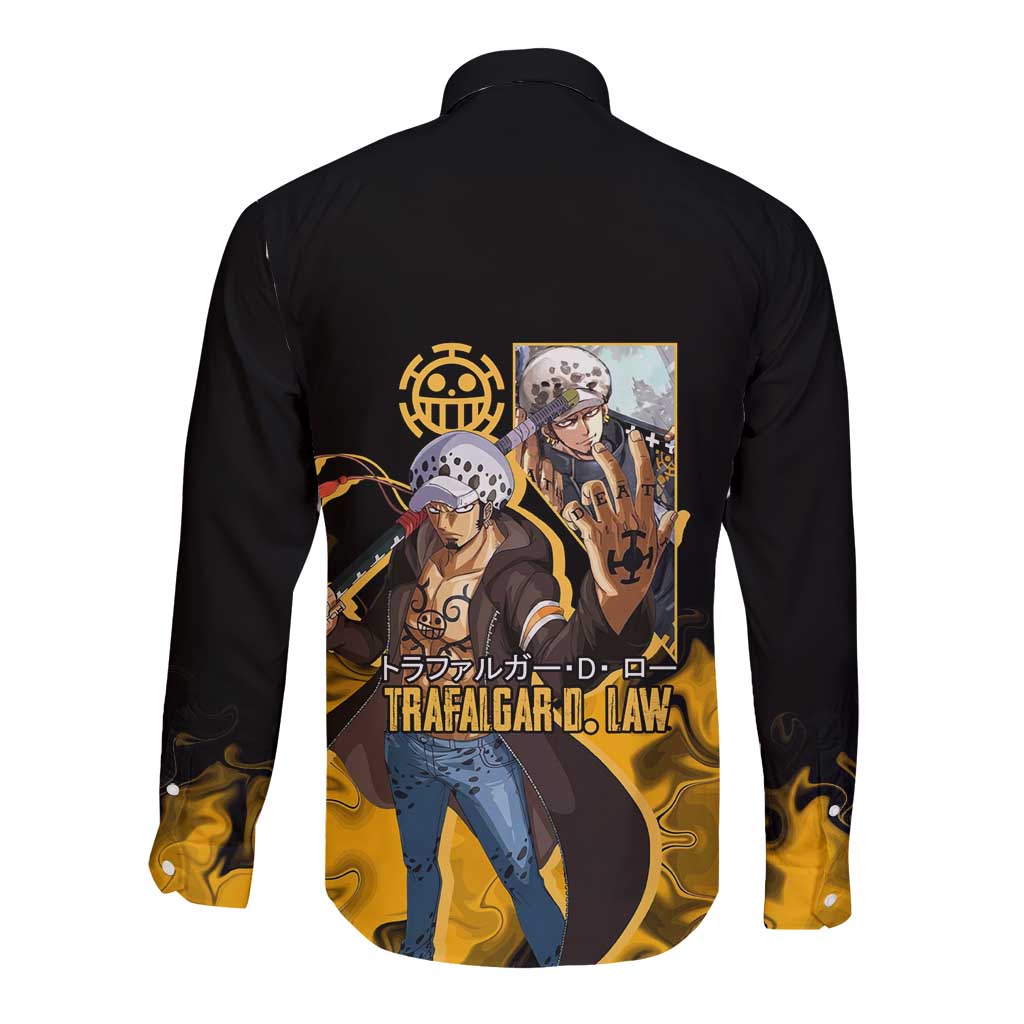 Trafalgar D. Law One Piece Black and Yellow Theme Long Sleeve Button Shirt with Heart Pirates Symbol and Flame Pattern Design - The Mazicc