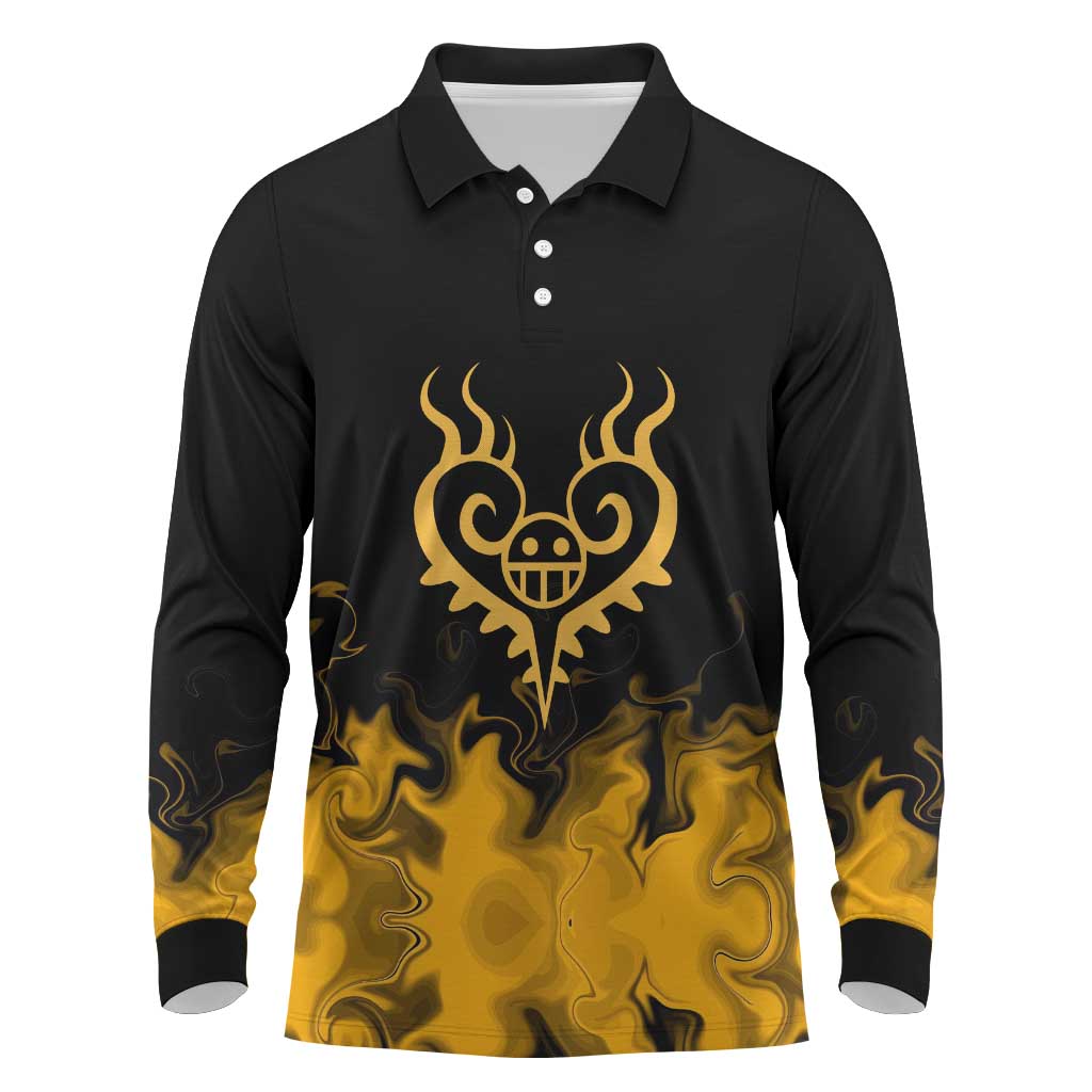 Trafalgar D. Law One Piece Black and Yellow Theme Long Sleeve Polo Shirt with Heart Pirates Symbol and Flame Pattern Design - The Mazicc