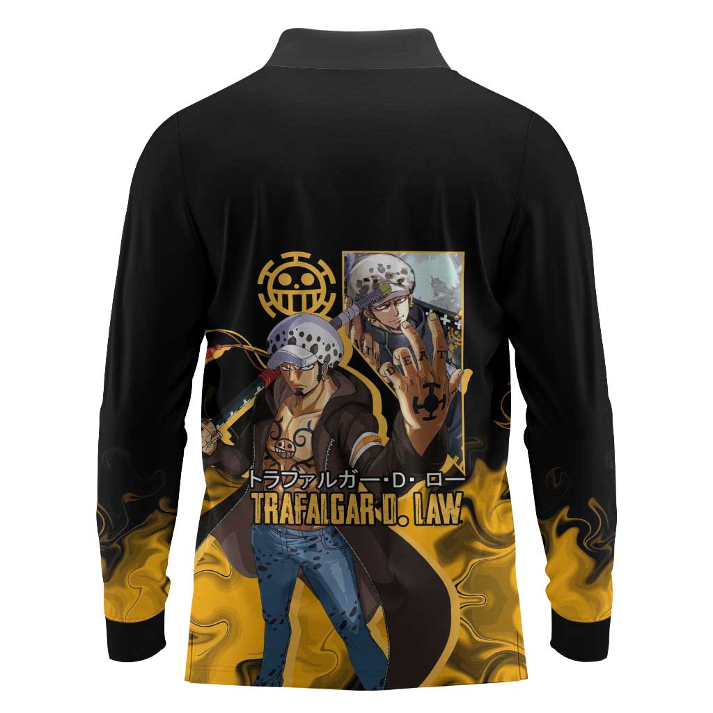 Trafalgar D. Law One Piece Black and Yellow Theme Long Sleeve Polo Shirt with Heart Pirates Symbol and Flame Pattern Design - The Mazicc