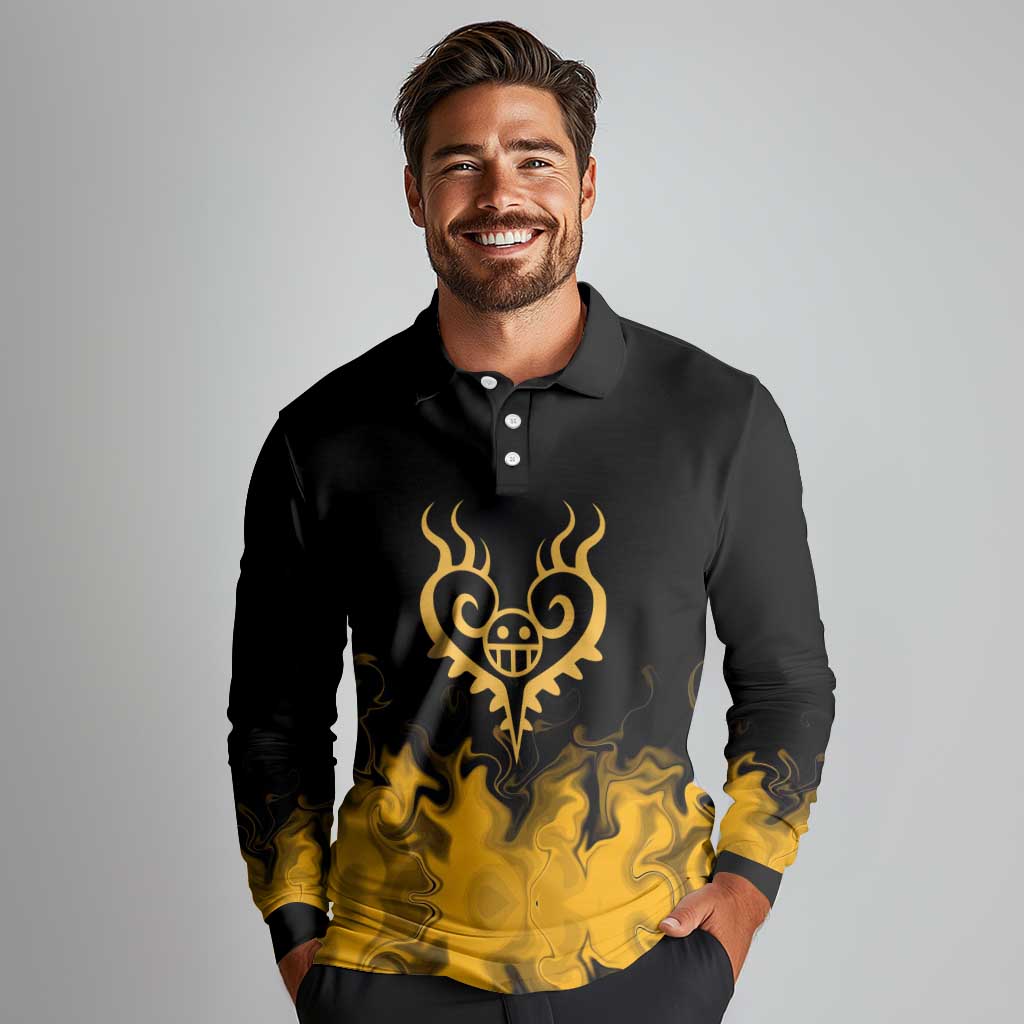 Trafalgar D. Law One Piece Black and Yellow Theme Long Sleeve Polo Shirt with Heart Pirates Symbol and Flame Pattern Design - The Mazicc