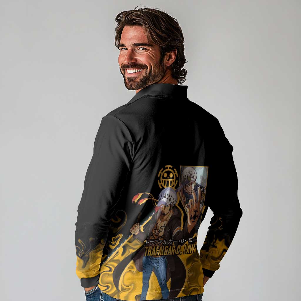 Trafalgar D. Law One Piece Black and Yellow Theme Long Sleeve Polo Shirt with Heart Pirates Symbol and Flame Pattern Design - The Mazicc