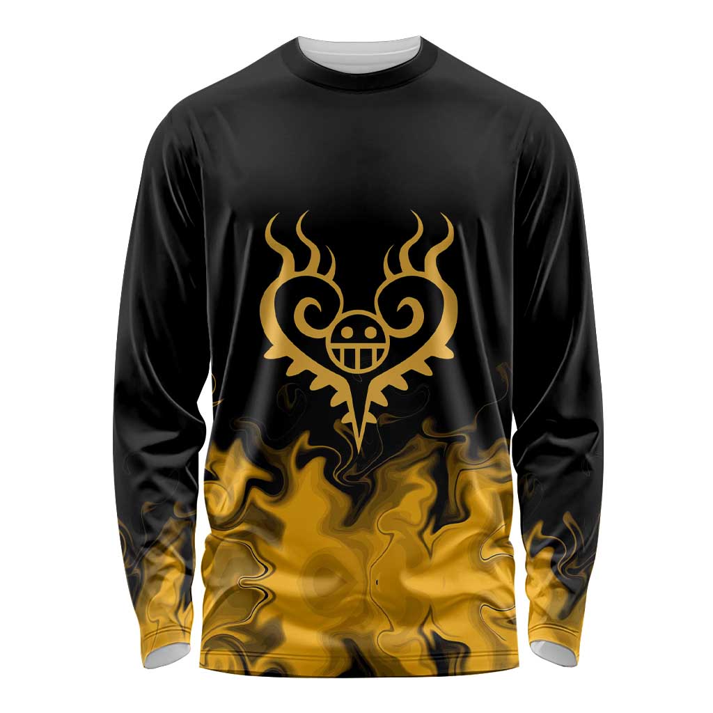 Trafalgar D. Law One Piece Black and Yellow Theme Long Sleeve Shirt with Heart Pirates Symbol and Flame Pattern Design - The Mazicc