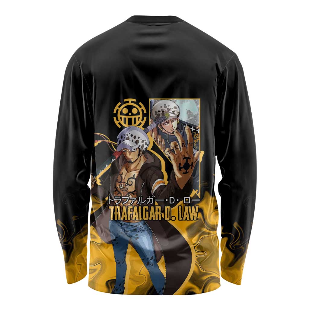 Trafalgar D. Law One Piece Black and Yellow Theme Long Sleeve Shirt with Heart Pirates Symbol and Flame Pattern Design - The Mazicc