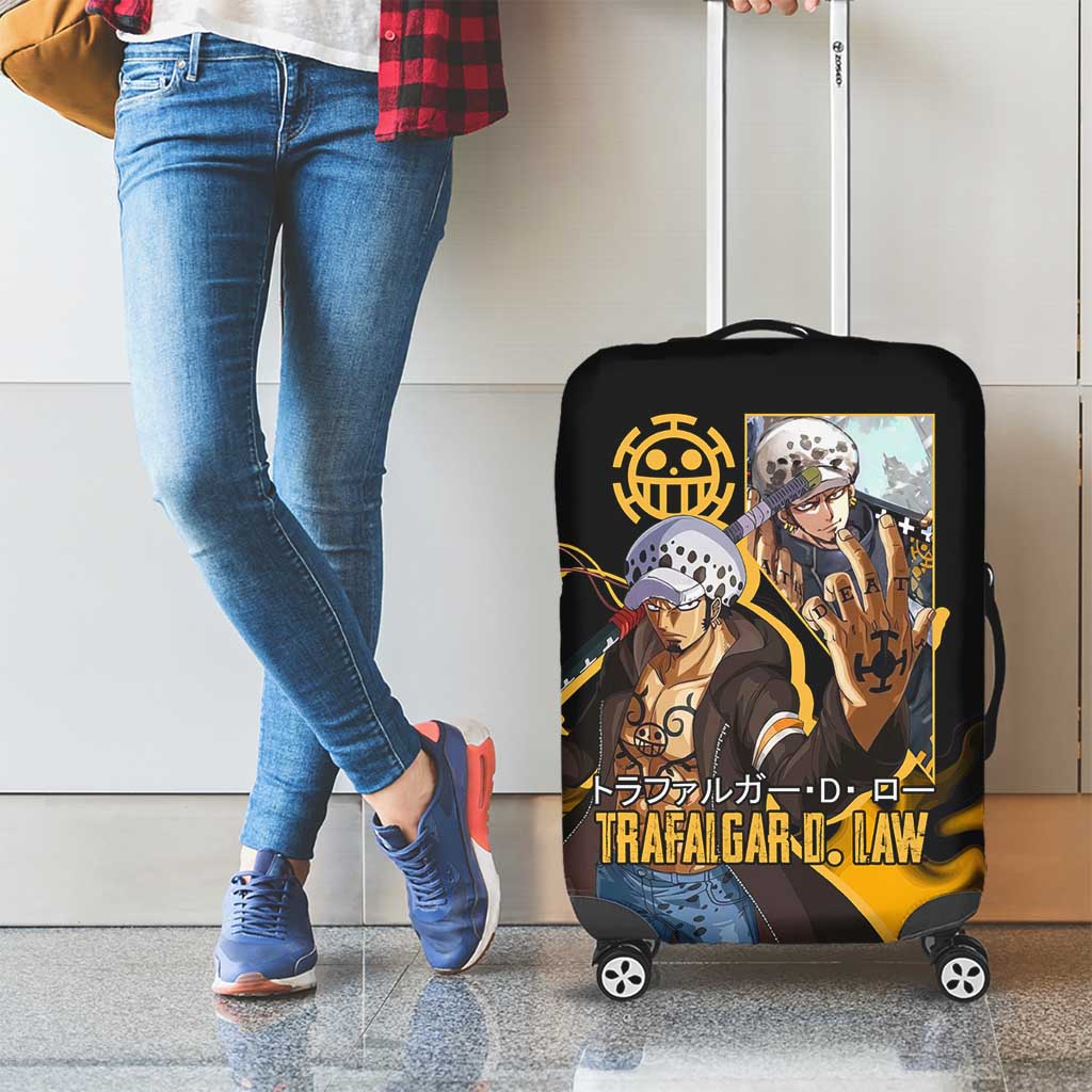 Trafalgar D. Law One Piece Black and Yellow Theme Luggage Cover with Heart Pirates Symbol and Flame Pattern Design - The Mazicc