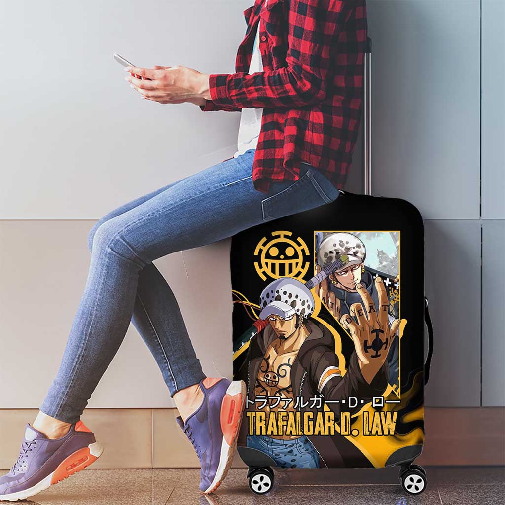 Trafalgar D. Law One Piece Black and Yellow Theme Luggage Cover with Heart Pirates Symbol and Flame Pattern Design - The Mazicc