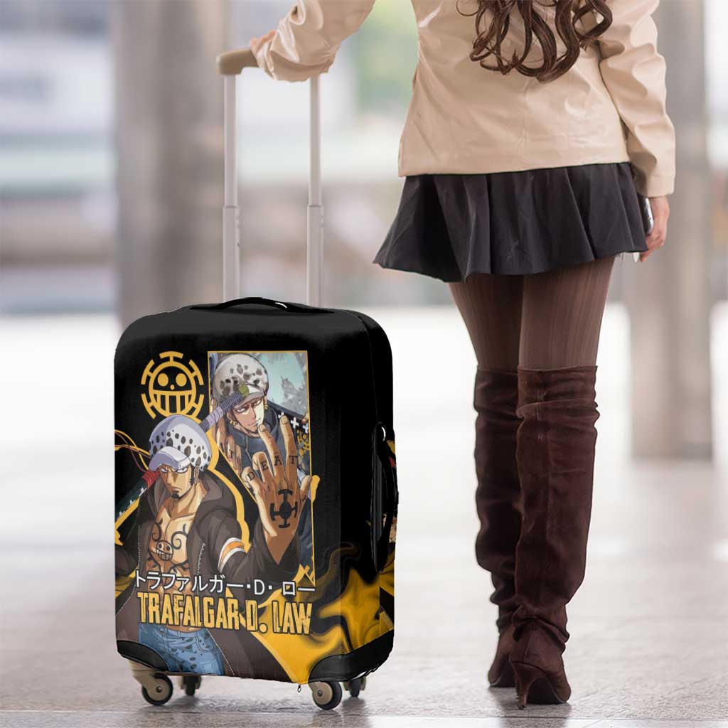 Trafalgar D. Law One Piece Black and Yellow Theme Luggage Cover with Heart Pirates Symbol and Flame Pattern Design - The Mazicc