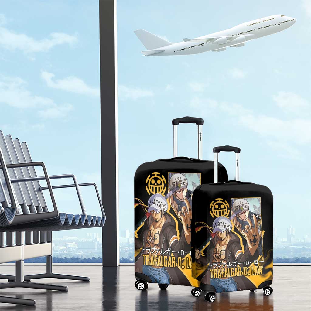 Trafalgar D. Law One Piece Black and Yellow Theme Luggage Cover with Heart Pirates Symbol and Flame Pattern Design - The Mazicc