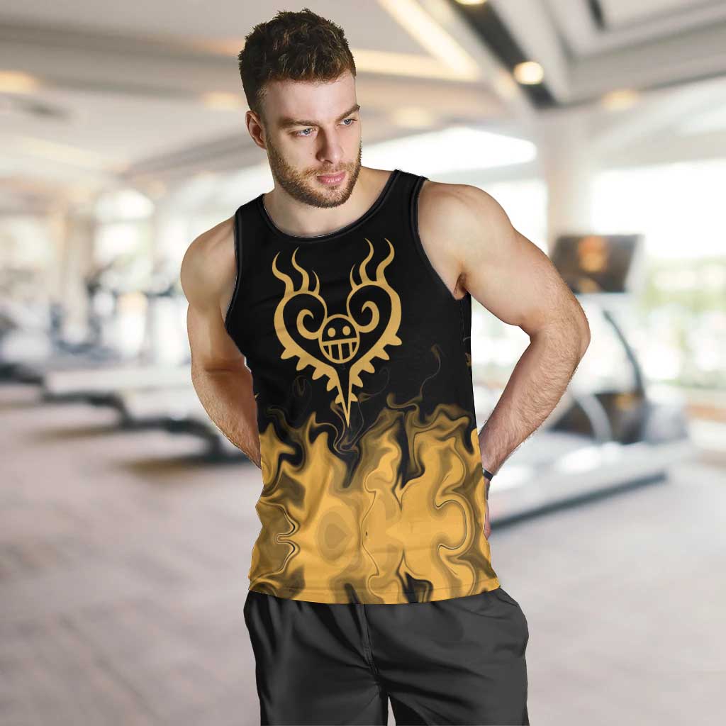 Trafalgar D. Law One Piece Black and Yellow Theme Men Tank Top with Heart Pirates Symbol and Flame Pattern Design - The Mazicc